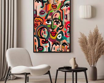 Puede incluir: Impresión artística abstracta con una colección de rostros estilizados en colores vibrantes. La obra de arte, enmarcada en negro, muestra líneas audaces y una mezcla de tonos rojos, verdes, naranjas y blancos. Los rostros tienen rasgos exagerados, creando una estética moderna y expresiva.