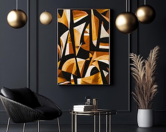 Dynamic Geometric Abstract Painting – Black, White, and Warm Tones Create a Bold Cubist-Inspired Modern Art Composition