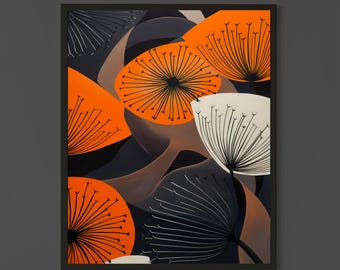 Modern Botanical Wall Art – Orange and Black Abstract Dandelion Artwork, Minimalist Floral Print for Contemporary Home Decor