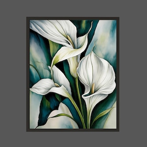 Botanical Art Print of White Calla Lilies – Elegant Floral Wall Decor in Watercolor Style for Nature-Inspired Interior Design