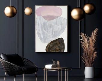 May include: Abstract art print featuring soft pink, gray, and brown shapes on a white background, framed in a dark wood. The artwork hangs on a dark blue wall, complemented by gold pendant lights, a black chair, and a small table.