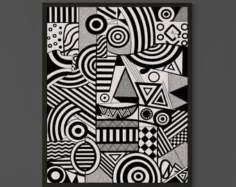 Black and White Geometric Abstract Wall Art – Modern Minimalist Print – Bold Graphic Circles and Lines for Contemporary Decor