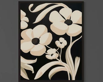 Modern Abstract Floral Art Print, Elegant Beige Flowers on Black Background, Minimal Botanical Wall Art