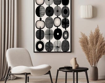 Black White Geometric Wall Art | Mid Century Modern Abstract Circle Print | Digital Download