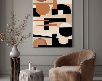 Abstract Geometric Wall Art in Neutral Tones, Modern Minimalist Painting, Beige Black Mid Century Style Art Print