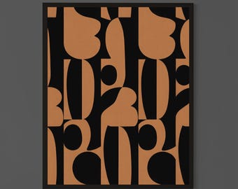 Mid Century Abstract Geometric Print, Black Beige Modern Minimalist Wall Art