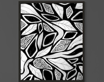 Black and White Abstract Leaf Pattern – Modern Botanical Wall Art – Minimalist Line Drawing Nature Print for Contemporary Decor