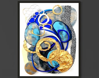 Modern Abstract Mixed Media Wall Art – Gold and Blue 3D Textured Artwork with Geometric Shapes for Contemporary Home Decor