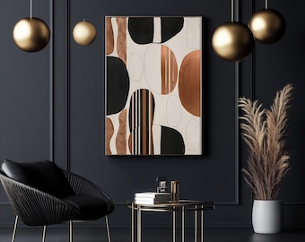 Modern Minimalist Geometric Abstract with Copper, Black, White & Brown– Neutral Wall Art