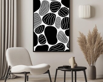 Monochrome Abstract Pattern with Black and Gray Organic Stones – Modern Minimalist Art for Scandinavian and Contemporary Interiors