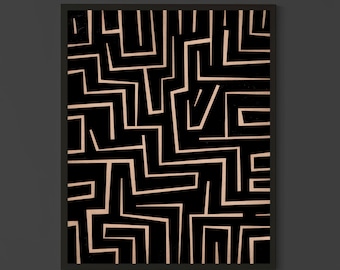 Minimalist Geometric Maze Art – Black and Beige Abstract Wall Print – Modern Graphic Design for Contemporary Home Decor