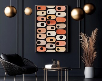 May include: Abstract wall art featuring a pattern of oval shapes in shades of peach, cream, and black. The artwork is framed in a gold-colored frame and hangs on a dark wall. The room is decorated with a black chair, a small table, and gold-colored hanging lights.