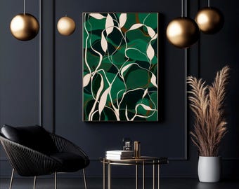 Abstraktes grünes botanisches Wandbild mit fließenden Blättern, modernes organisches Naturgemälde, minimalistischer zeitgenössischer Druck