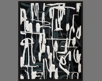 May include: A framed abstract painting featuring thick, raised white paint strokes applied in a linear, calligraphic style over a dark black background with subtle, darker gray brushwork visible beneath the primary white textured layers.