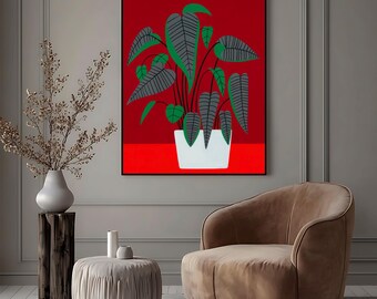 Modern Botanical Wall Art, Red Background Plant Print, Minimalist Tropical Decor