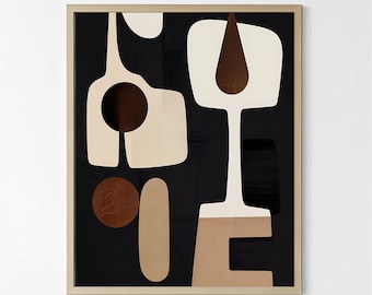 Mid-Century Abstract Wall Art | Beige and Black Poster, Minimalist Geometric Digital Print