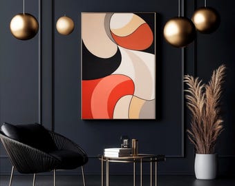 May include: An abstract art piece with a gold frame, featuring a design of curved shapes in red, black, beige, and cream colors. The artwork hangs on a dark wall, complemented by gold pendant lights and a black chair.