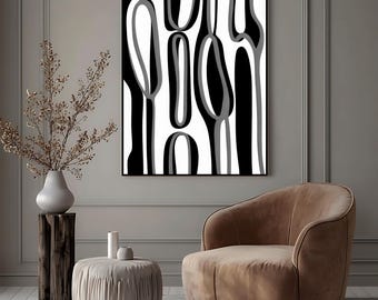 Black Gray Abstract Wall Art | Minimalist Organic Line Print | Digital Download