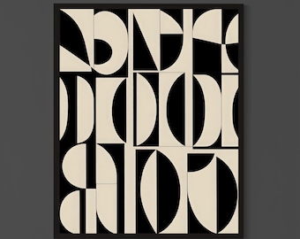 Black Beige Geometric Abstract Print, Mid Century Modern Wall Art | Digital Download