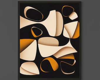 Abstract Wall Art in Black and Gold – Modern Minimalist Beige Artwork – Contemporary Geometric Shapes Home Decor