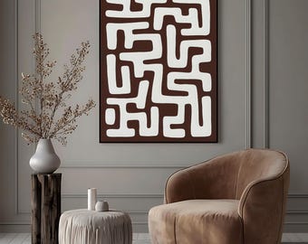 Brown and Ivory Abstract Maze Art | Minimalist Organic Line Wall Decor | Digital Download