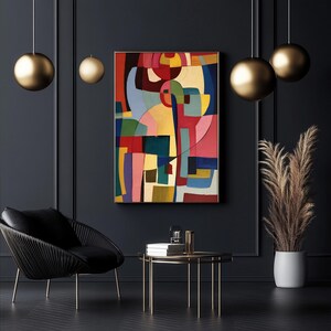 May include: Abstract art piece with a colorful geometric design. The artwork features a variety of shapes and colors, including red, yellow, blue, and green. The painting is framed and hangs on a dark wall, with gold accents and a modern chair.