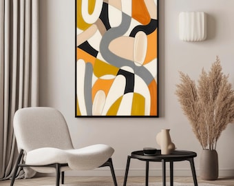May include: A rectangular wall art piece featuring an abstract composition of curved shapes and lines in shades of mustard yellow, burnt orange, cream, black, and gray, enclosed within a thin black frame hanging on a neutral wall.