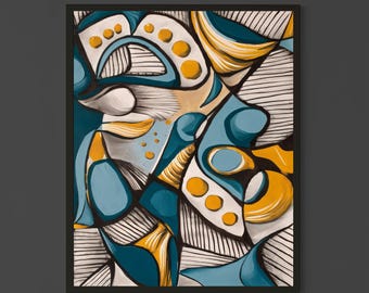 Blue and Gold Abstract Wall Art – Modern Geometric Painting Print – Contemporary Minimalist Decor with Bold Shapes and Lines