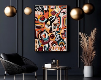 Vibrant Abstract Faces Wall Art Print – Modern Colorful Line Art Portrait Composition for Contemporary Home Decor, Boho Aesthetic Artwork