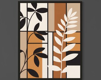 Abstract Botanical Geometric Wall Art with Modern Leaves in Neutral Tones, Contemporary Minimalist Print