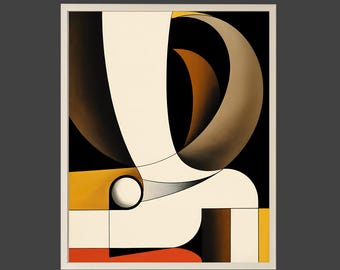 May include: Abstract art print featuring a geometric design with curved and angular shapes. The artwork uses a palette of black, white, brown, yellow, and orange. The piece is framed in a white border.