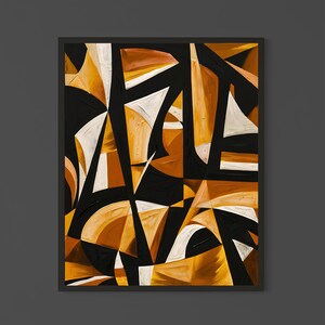 May include: Abstract geometric painting with a black frame. The artwork features a complex arrangement of shapes in black, white, and shades of orange and brown. The composition is dynamic, with sharp angles and contrasting colors.