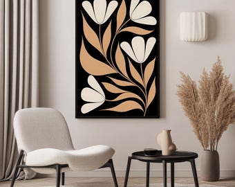 Minimalist Floral Wall Art, Beige Black Botanical Print, Modern Abstract Flower Decor
