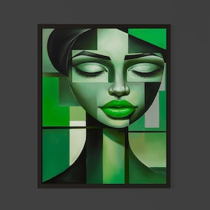 Abstract Portrait Art Green Woman Face With Geometric Shapes For Modern Minimal Wall Decor Or Contemporary Gallery Interior