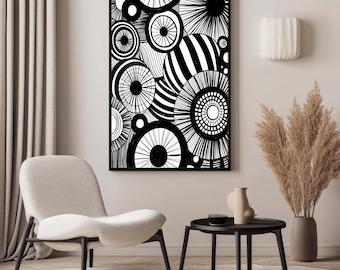 Black White Abstract Circles Wall Art, Geometric Line Pattern Modern Print