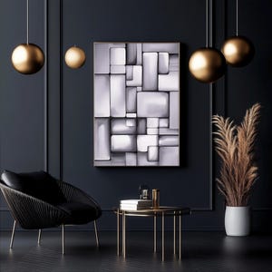May include: A modern living room with a black wall, a framed abstract art piece, and gold accents. The artwork features a geometric design in shades of gray and white. A black chair, a small table, and decorative gold pendant lights complete the stylish interior.