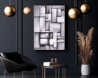 Modern Geometric Silver Wall Art Print – Minimalist Abstract Rectangular Shapes in Metallic Gray Tones – Contemporary Home Decor Artwork