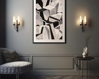 Monochrome Textured Abstract Art – Bold Geometric Cubes in Black, White and Grey Modern Wall Painting for Interior Accent