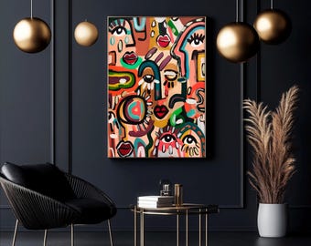 Abstract Faces Wall Art, Modern Colorful Portrait Painting, Contemporary Expressionist Decor