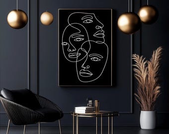 Abstract Line Face Wall Art, Minimalist Black White Modern Portrait Print