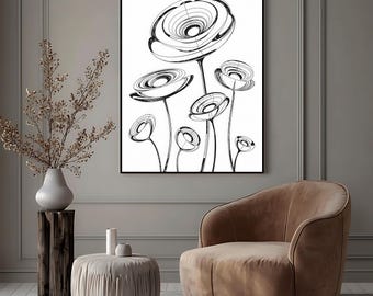 Black White Floral Line Art | Minimalist Abstract Botanical Print | Digital Download