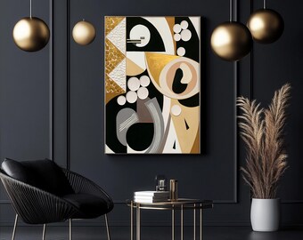 Geometric Abstract Art Print: Gold, Black & White - Modern Deco (Instant Download JPGs