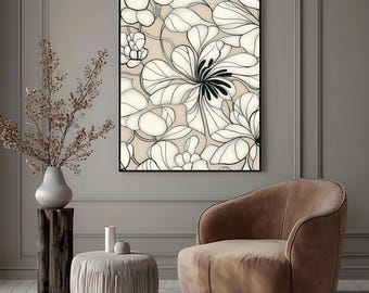 Black White Floral Line Art, Minimalist Botanical Print, Modern Neutral Wall Decor