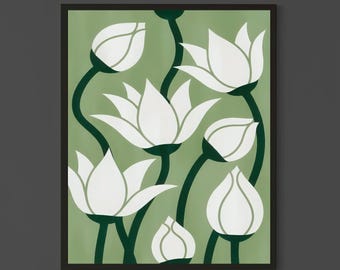 Minimalist Botanical Wall Art with White Flowers on Green Background, Modern Floral Illustration