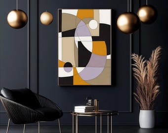 May include: A rectangular wall art piece featuring an abstract geometric composition of circles and lines in mustard yellow, lavender, black, white, and beige. The artwork is displayed on a dark wall alongside gold spherical pendant lights.
