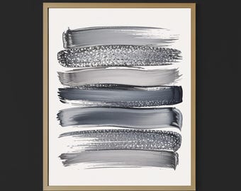 Modern Silver Abstract Art | Metallic Glitter Brush Strokes | Digital Wall Poster