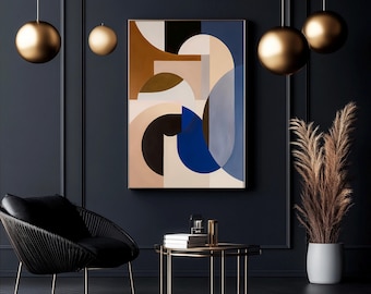 Modern Abstract Geometric Wall Art with Blue, Beige and Black Shapes, Minimalist Contemporary Painting
