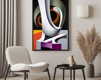 May include: Abstract art print in a black frame. The artwork features a white, curved shape against a black background, with orange, green, purple, and gray geometric elements. The print hangs above a modern chair and table.