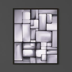Pode incluir: Impressão de arte abstrata com um design geométrico de formas retangulares e quadradas em tons de cinza e branco. A obra de arte é emoldurada em uma borda preta, criando uma estética moderna. As formas parecem 3D, adicionando profundidade.