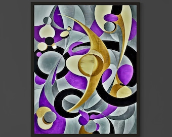 Abstract Wall Art in Gold, Purple and Black – Modern Geometric Shapes Painting – Contemporary Bold Colorful Home Decor